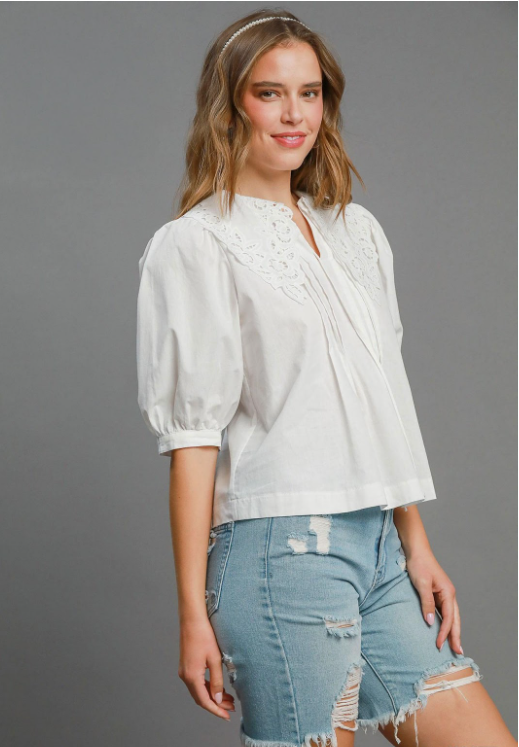 Sleeved Embroidered Collar Top White