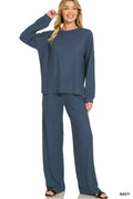Soft Hacci Pullover & Pants Set - Navy