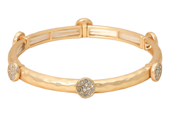 Stone Pave Disc Accent Hammered Metal Stretch Bracelet