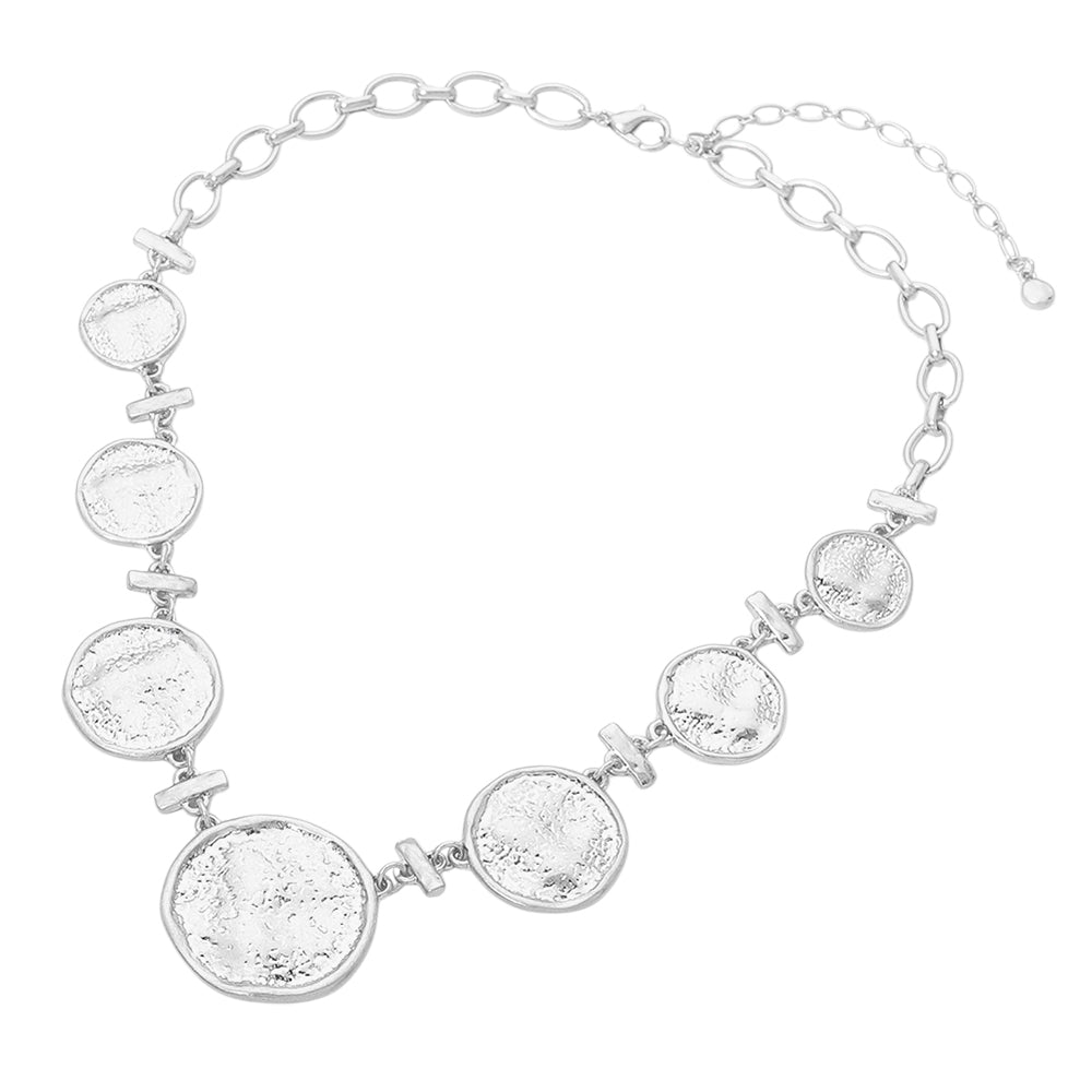 Textured Disc Link Statement Necklace - Worn Silver