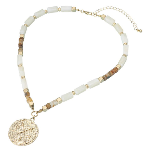 Textured Zodiac Coin Pendant Beaded Necklace