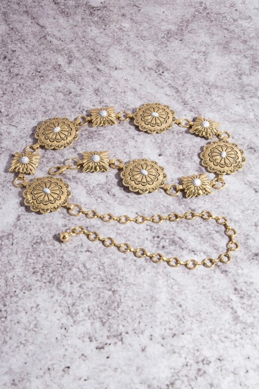 Western Concho Chain Belt - Gold & White