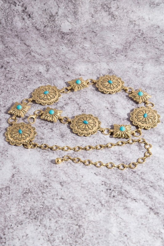 Western Concho Chain Belt - Gold & Turquoise