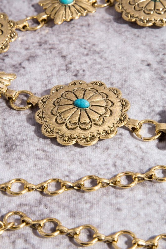 Western Concho Chain Belt - Gold & Turquoise
