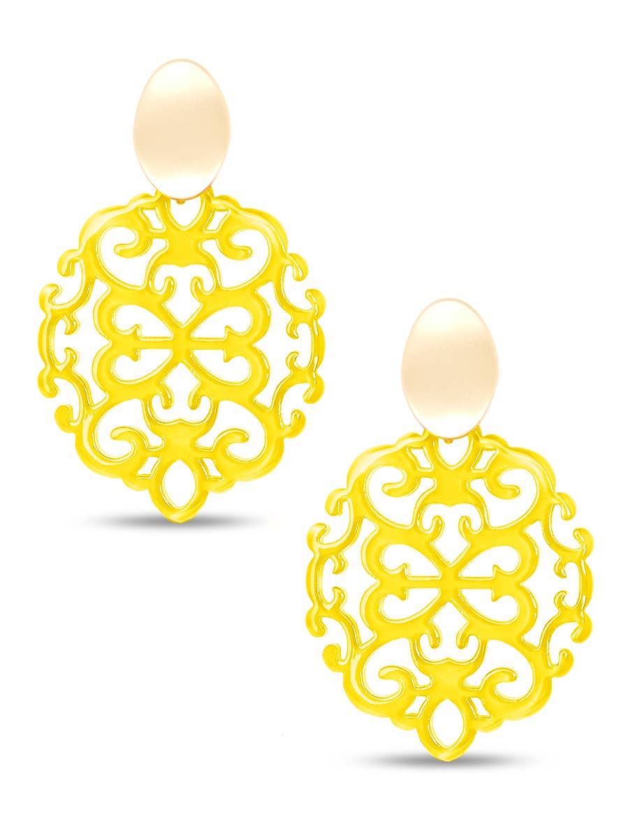 Modern Damask Pattern Resin Drop Earring: Yellow