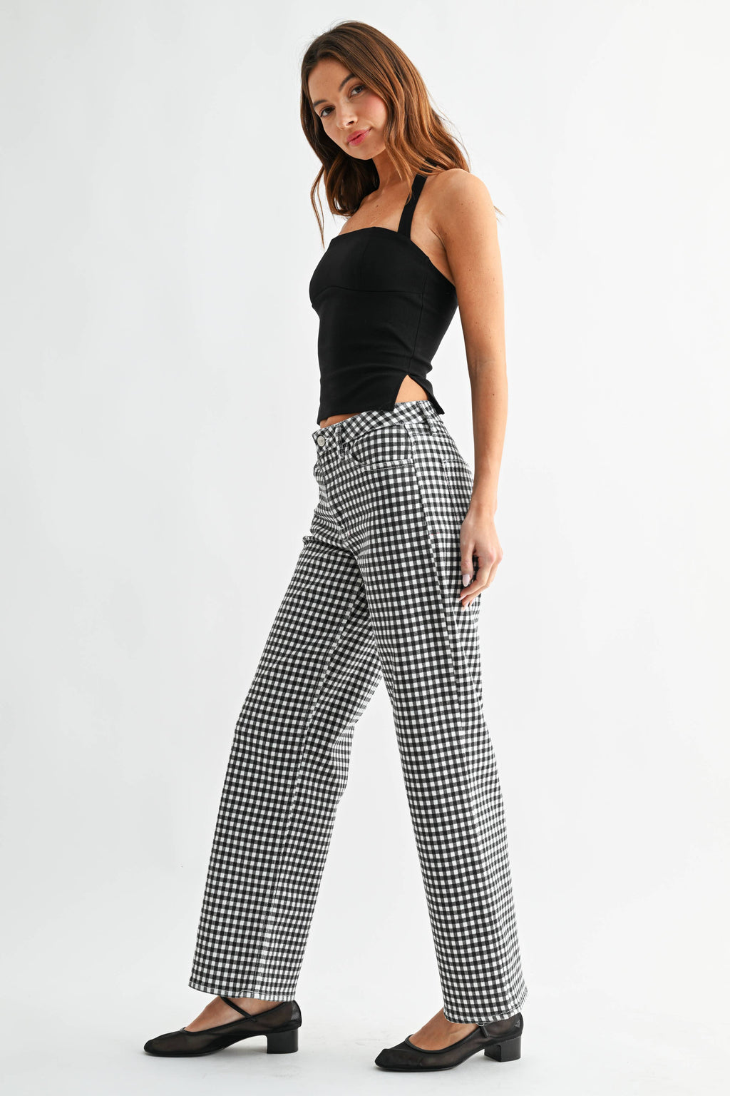 BP539J - BLK GINGHAM - Mid Rise Straight: 26