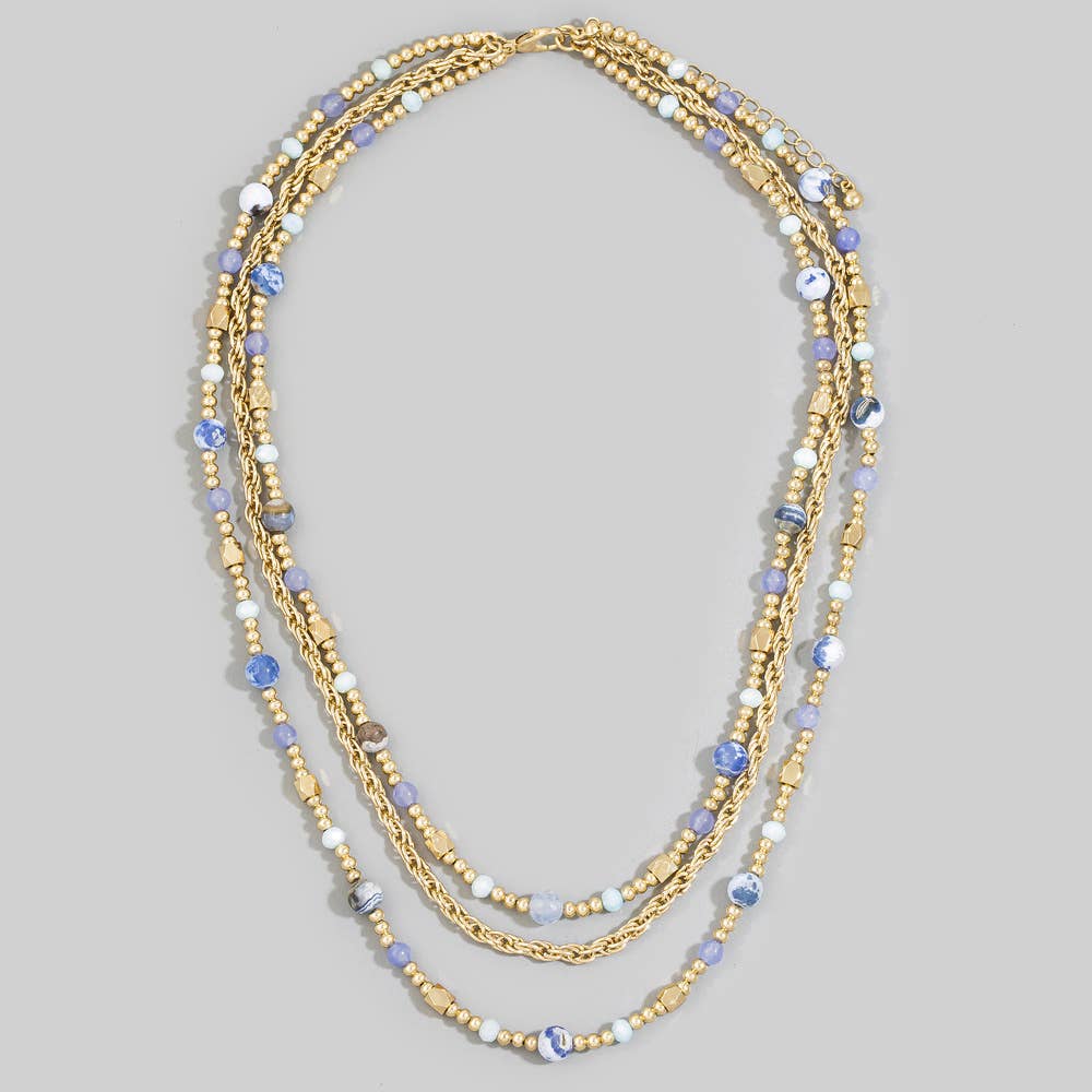 Triple Strand Semi Precious Stone Rope Chain Necklace: Blue