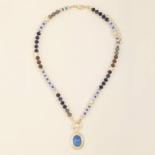 Bead Necklace With Oval Stone Pendant: Blue