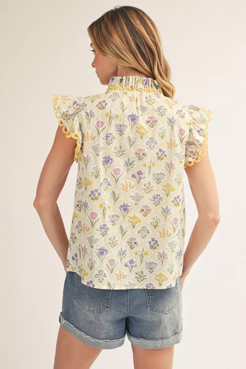 Cap Sleeves Button Down Floral Top - Yellow
