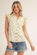 Cap Sleeves Button Down Floral Top - Yellow
