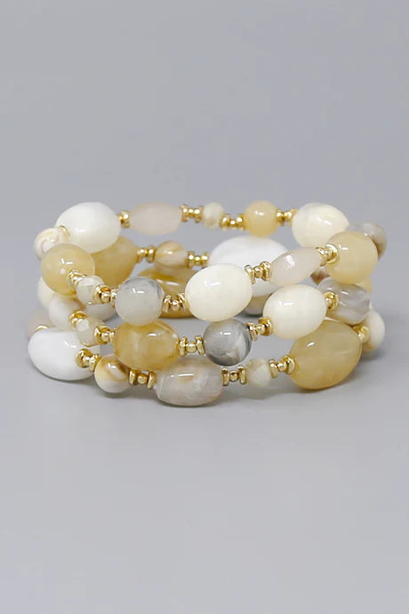 Marble Resin Multi-Layer Beaded Bracelet Set - Gold, Natural