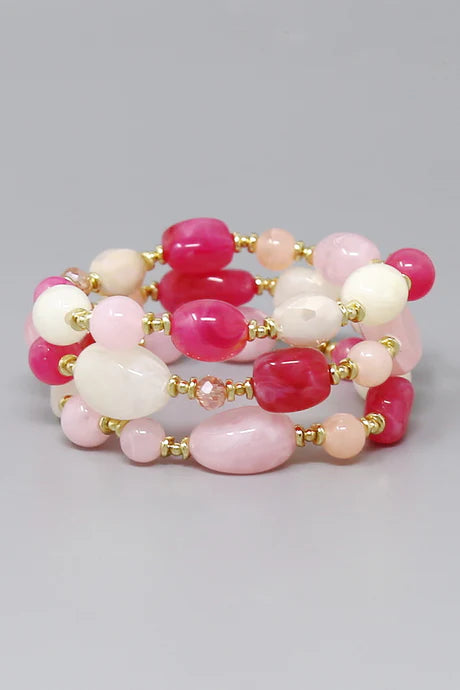 Marble Resin Multi-Layer Beaded Bracelet Set - Gold, Pink