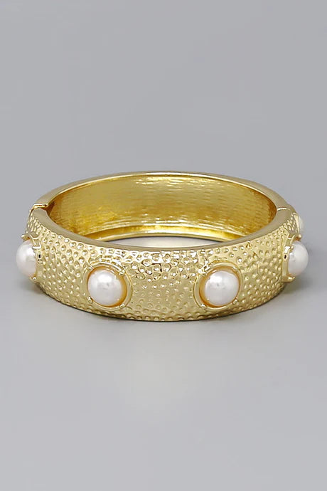Pearl Embellished Hammered Cuff Bracelet