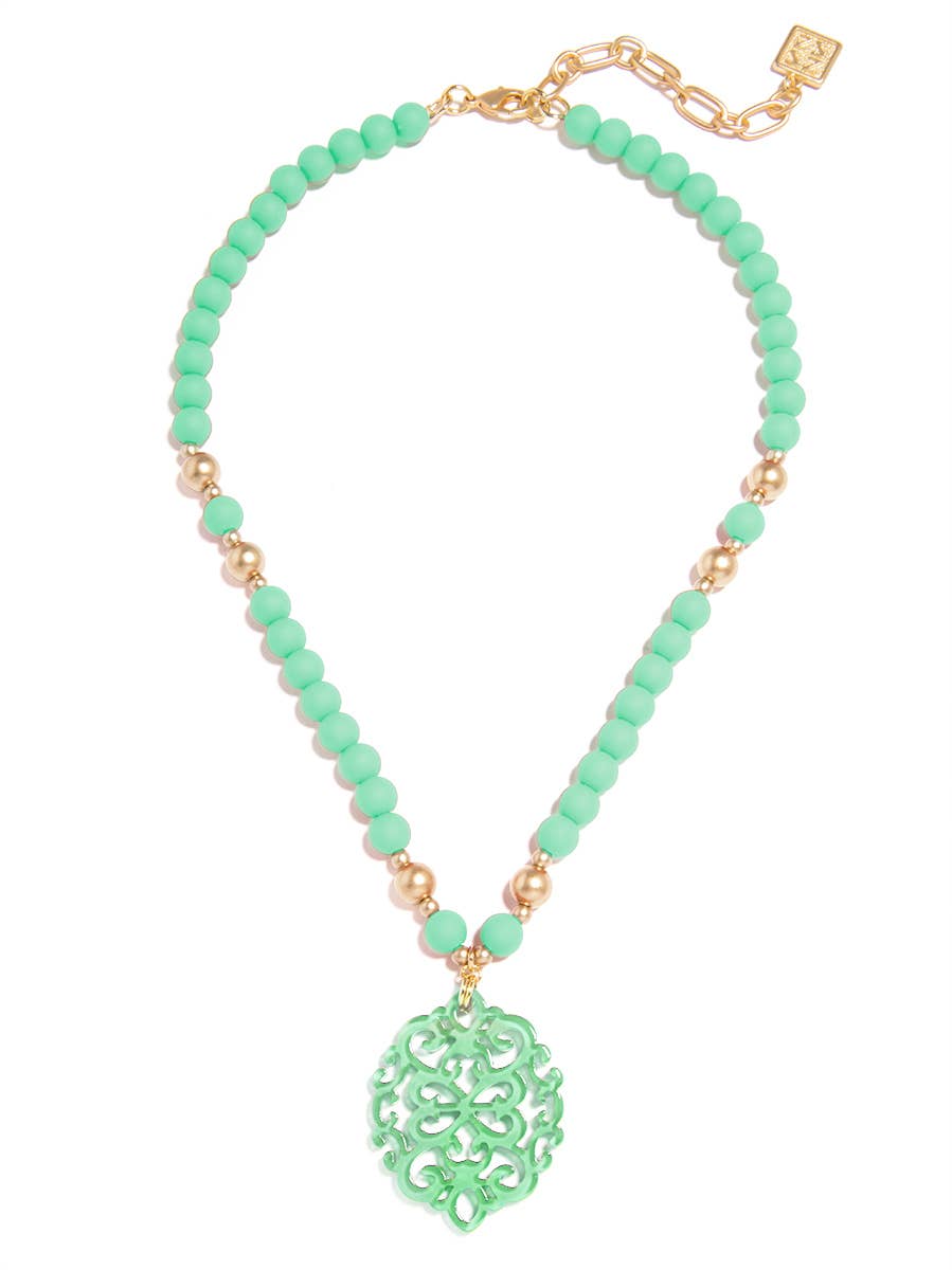Damask Pendant Beaded Collar Necklace: Mint