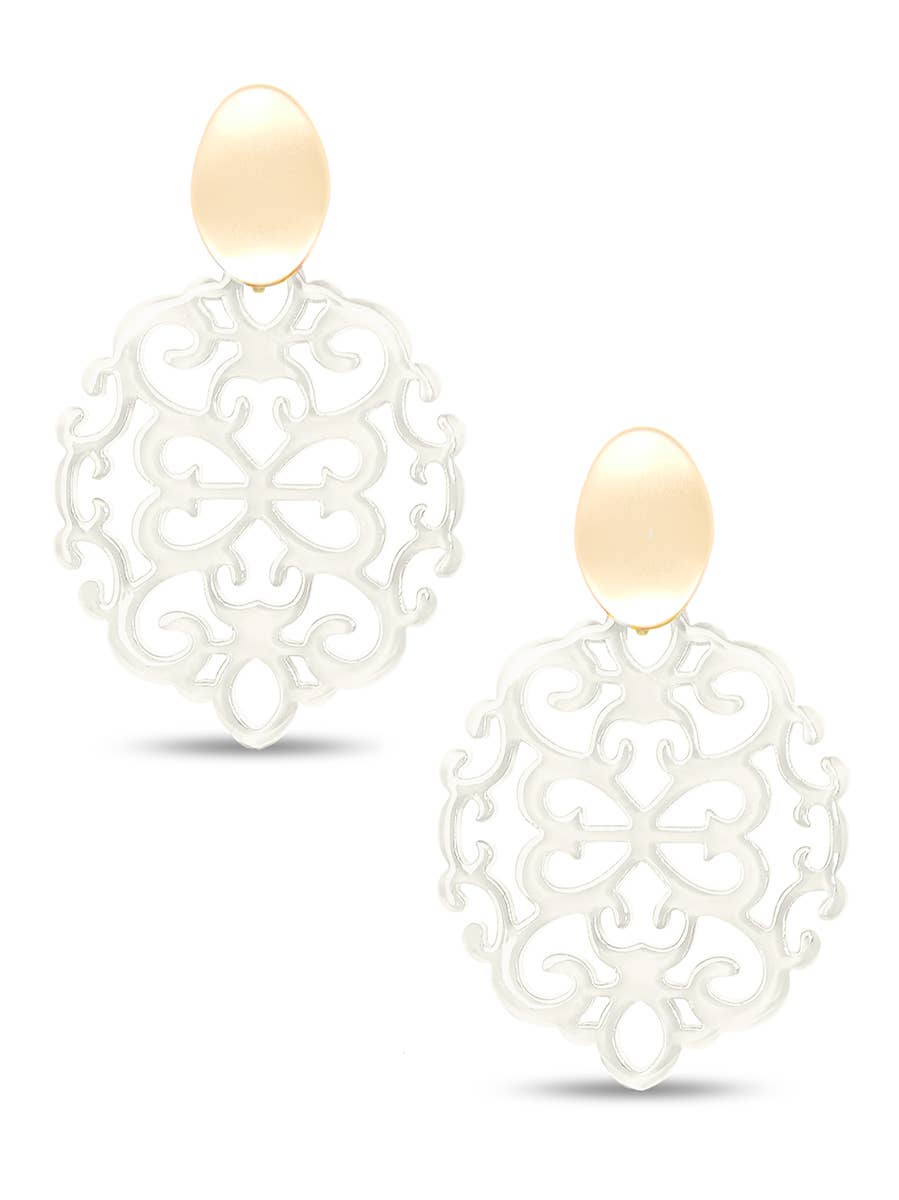 Damask Pattern Resin Drop Earring: Cream