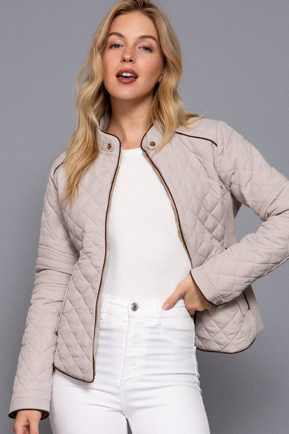 Suede Piping Detail Rib Quilted Jacket : Taupe
