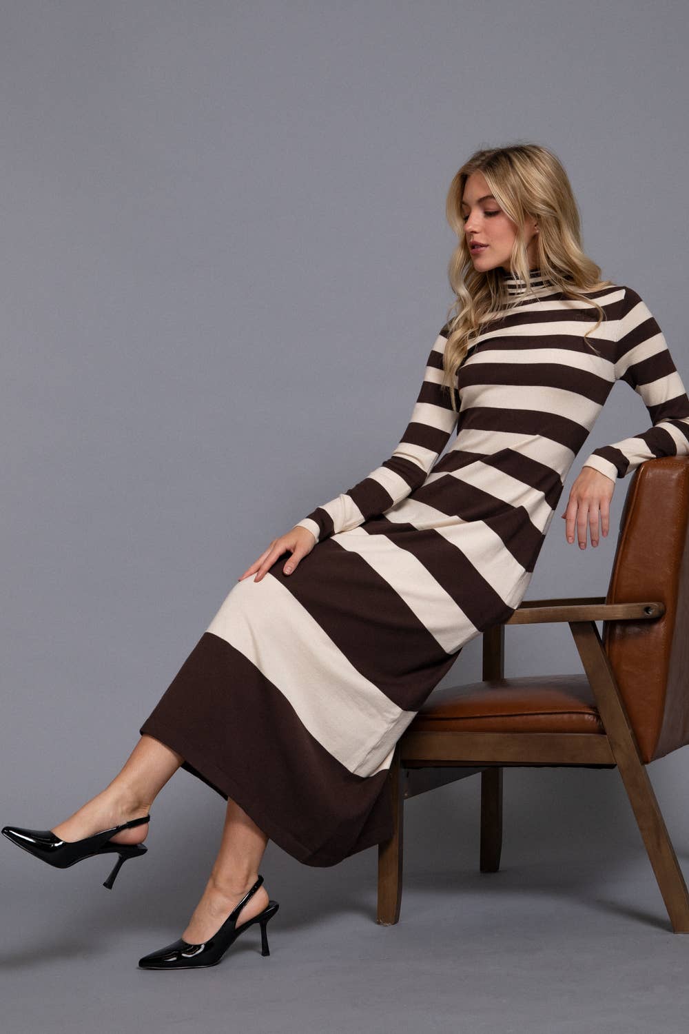 Long Sleeve Turtle Neck Rugby Stripe Maxi Dress - brown/taupe