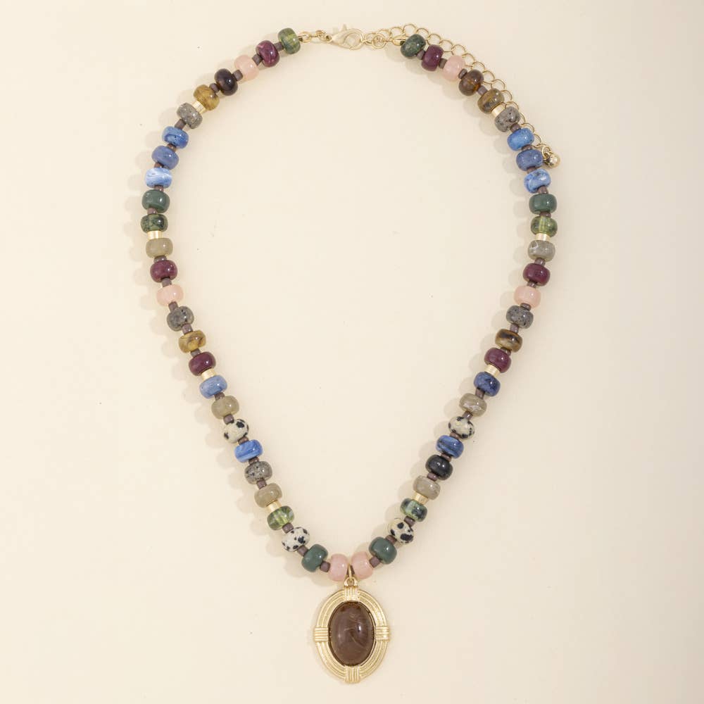 Beaded Necklace With Framed Oval Cabochon: Brown