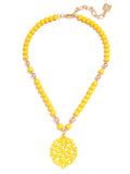 Damask Pendant Beaded Collar Necklace: Yellow