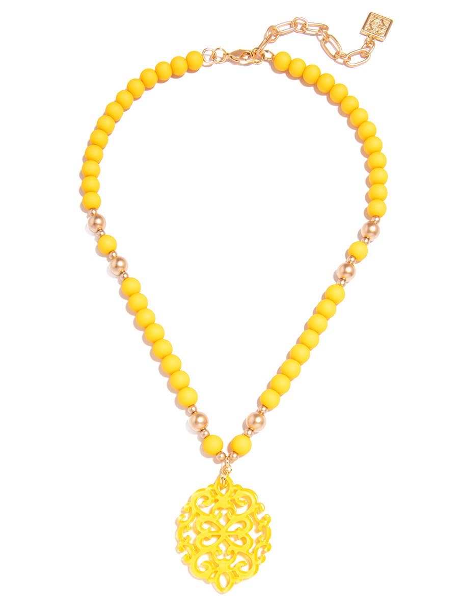 Damask Pendant Beaded Collar Necklace: Yellow