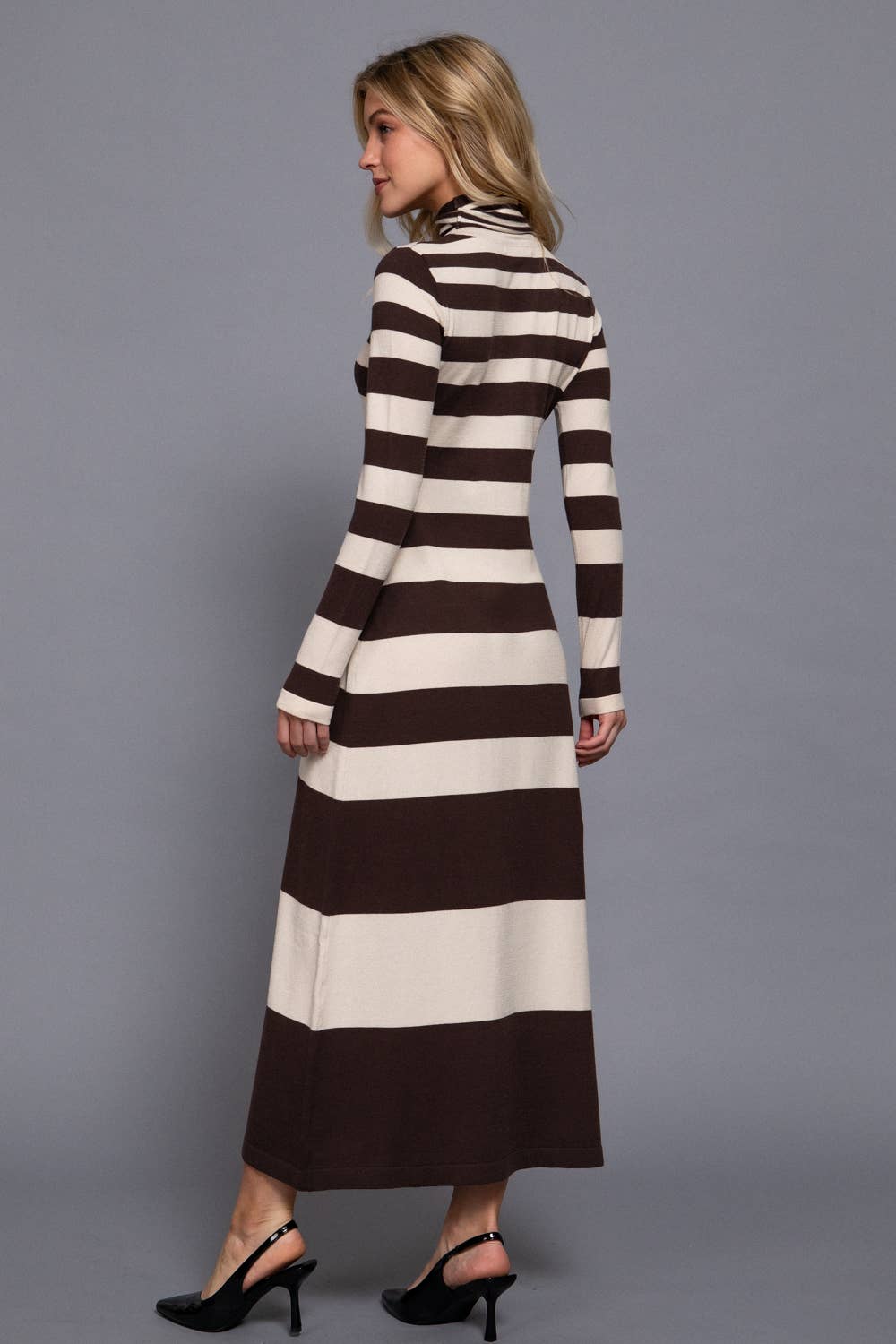 Long Sleeve Turtle Neck Rugby Stripe Maxi Dress - brown/taupe
