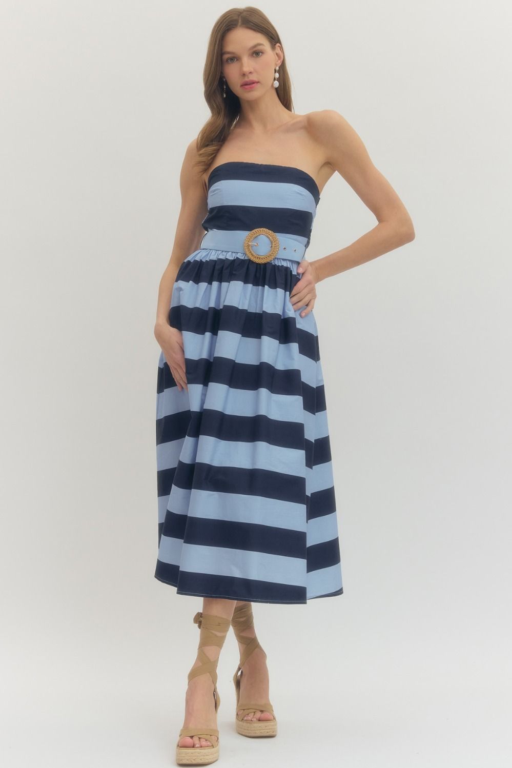 Striped Strapless Dress - Navy