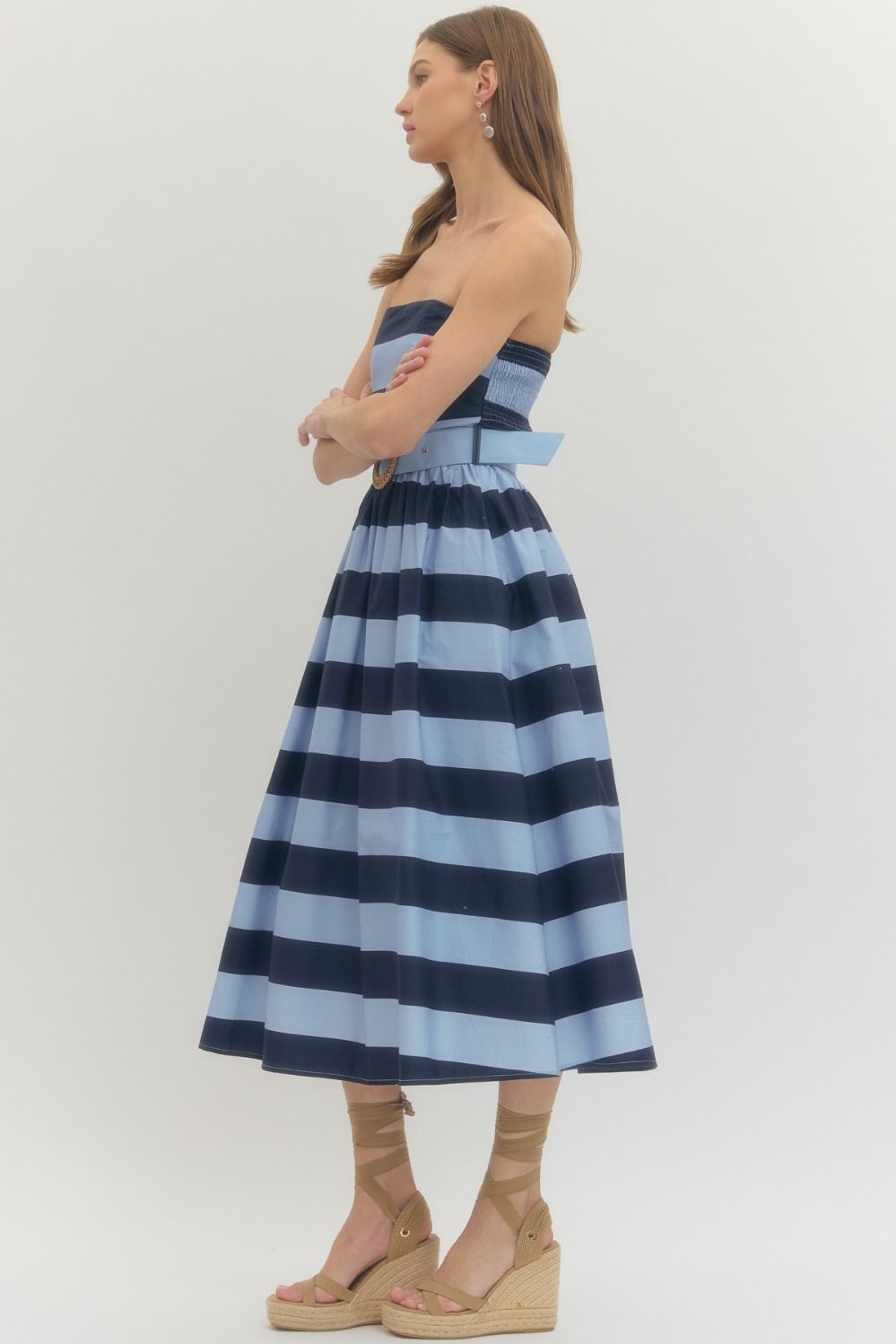 Striped Strapless Dress - Navy