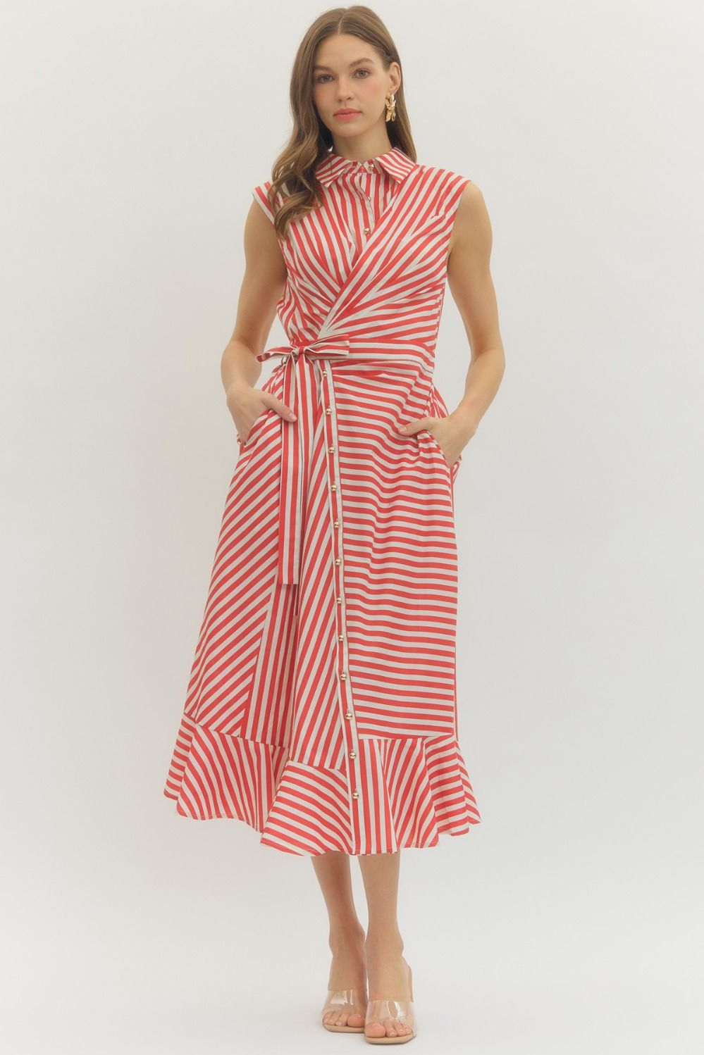 Striped Sleeveless Dress - Red