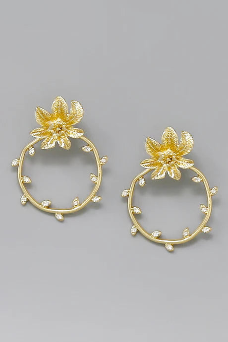Flower Glass Stone Embellished Hoop Drop Earrings
