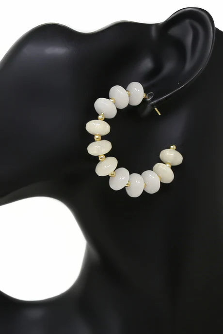 Polished Resin Rondelle Beaded Hoop Earrings - Natural