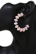 Polished Resin Rondelle Beaded Hoop Earrings - Pink