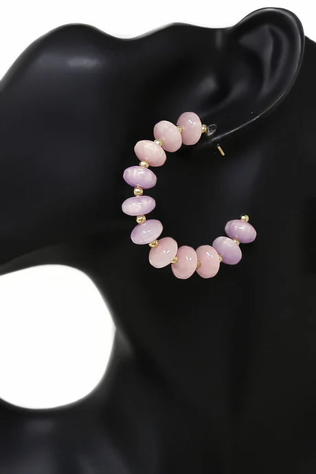 Polished Resin Rondelle Beaded Hoop Earrings - Pink