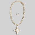 Chain Link Pearl Cross Pendant Necklace Set: PL