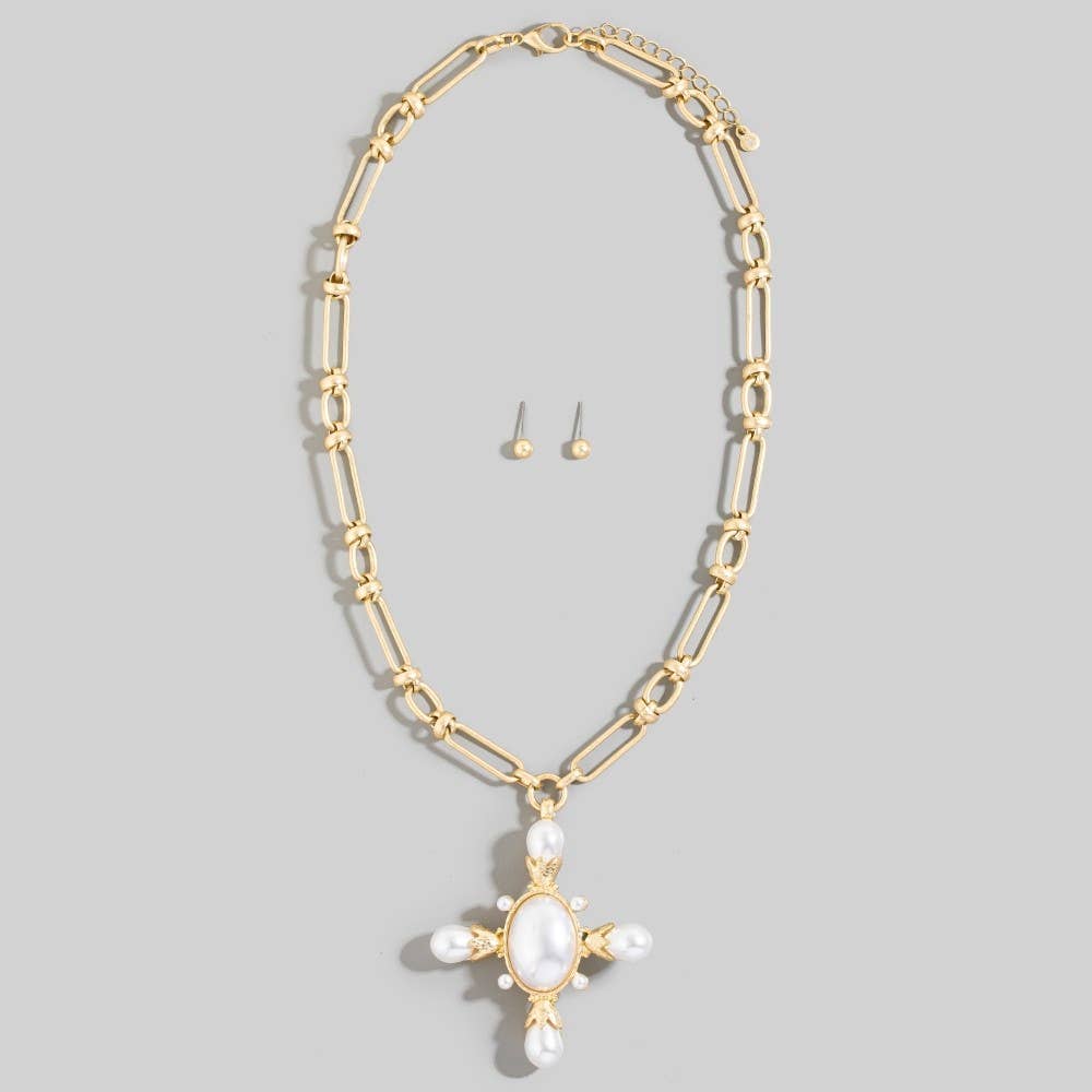 Chain Link Pearl Cross Pendant Necklace Set: PL