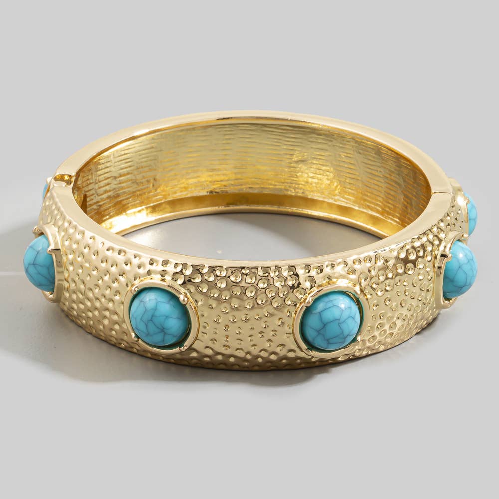 Hammered Turquoise Stone Hinged Bangle Bracelet