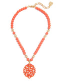 Damask Pendant Beaded Collar Necklace: Coral