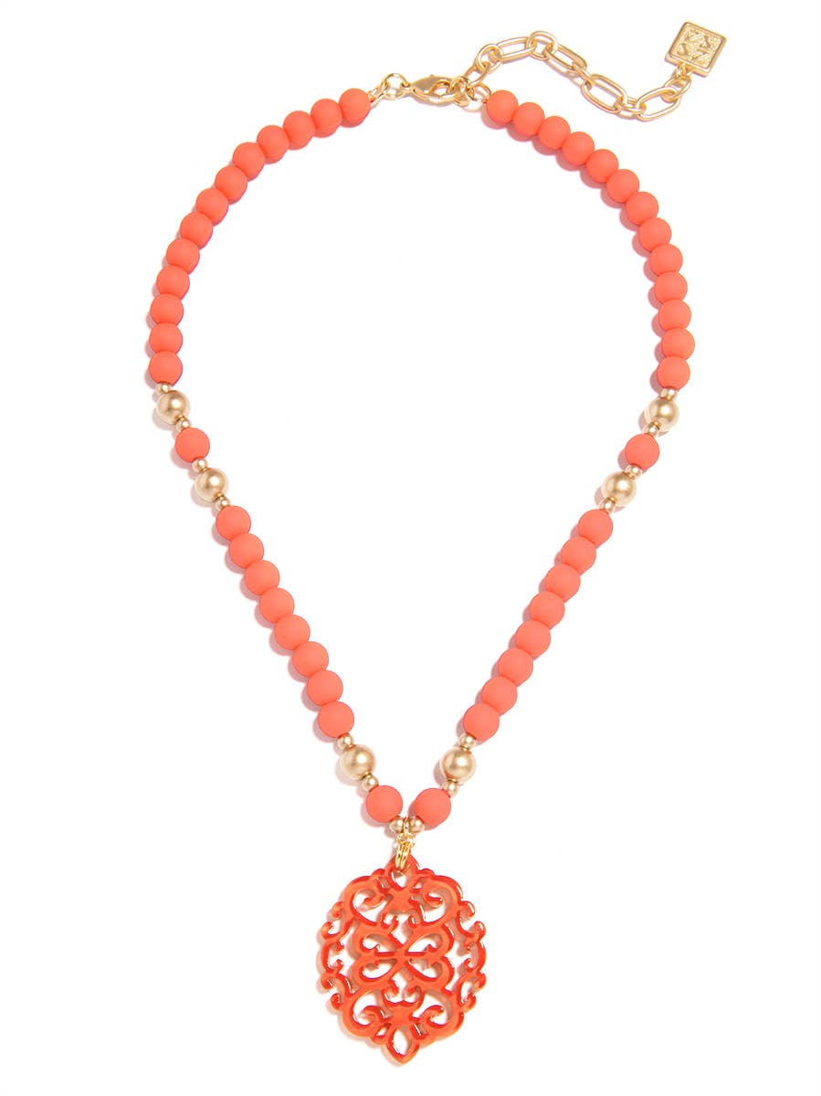 Damask Pendant Beaded Collar Necklace: Coral