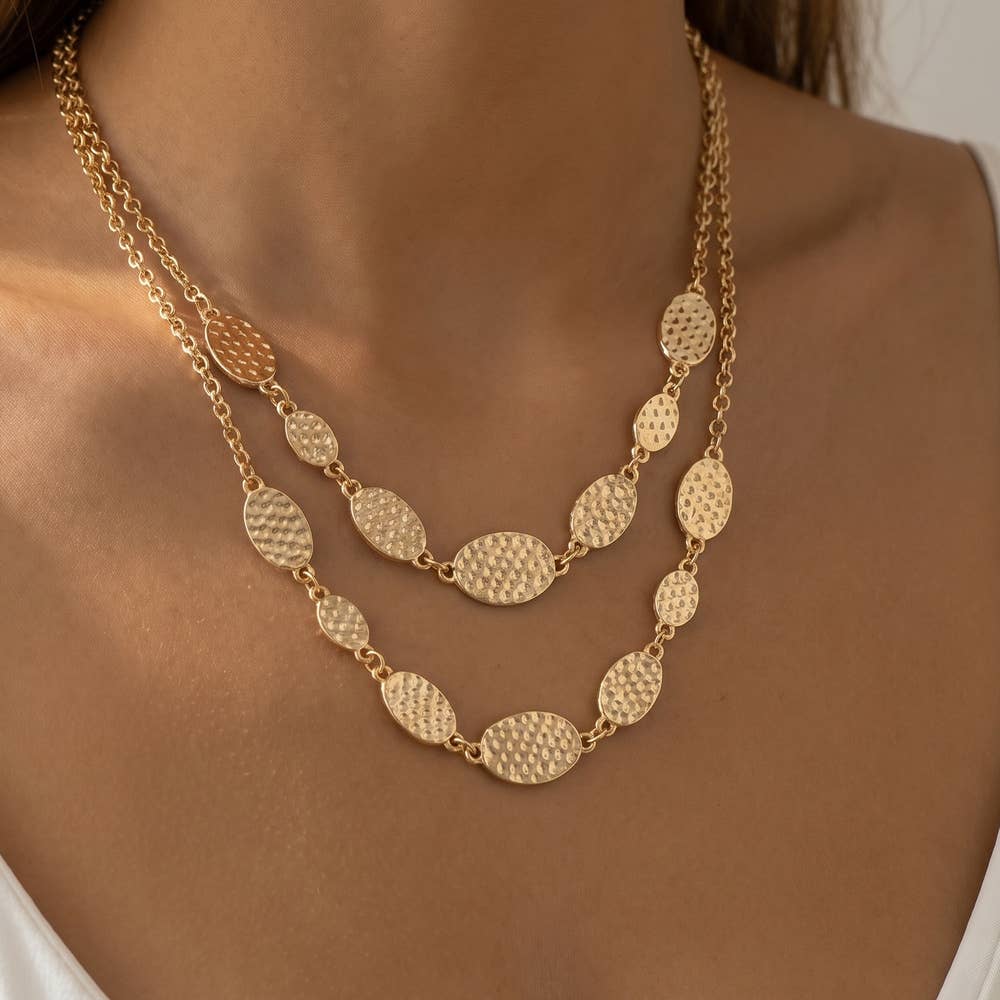 Layered Hammered Oval Station Necklace