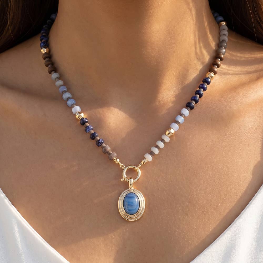 Bead Necklace With Oval Stone Pendant: Blue