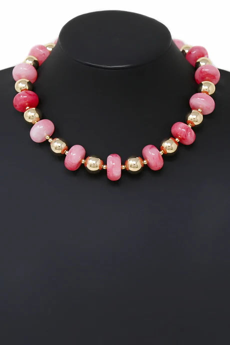 Metallic Accent Saucer Bead Collar Necklace - Gold, Pink