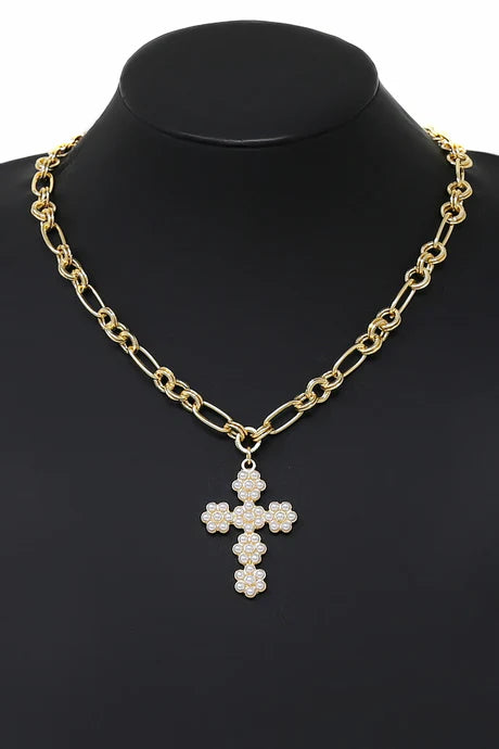 Pearl Flower Cross Multi Link Chain Necklace