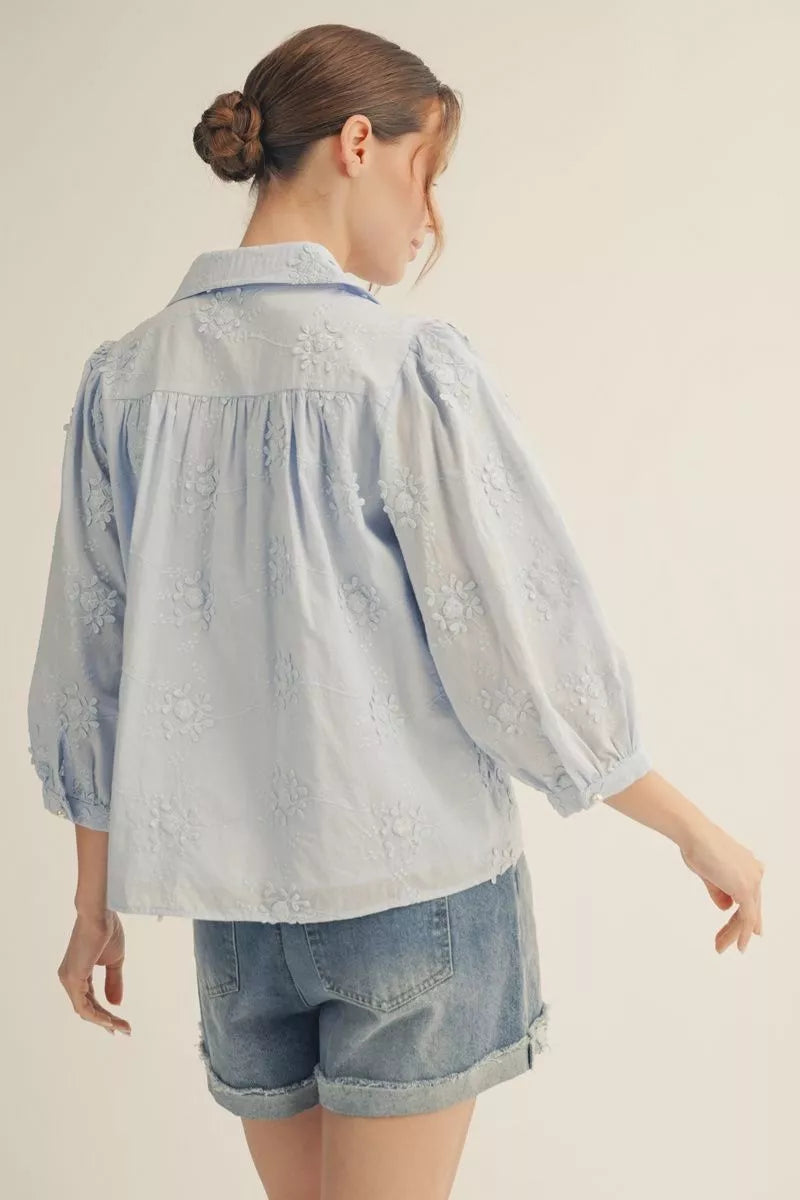 Button Down 3/4 Sleeves Floral Embroidered Top