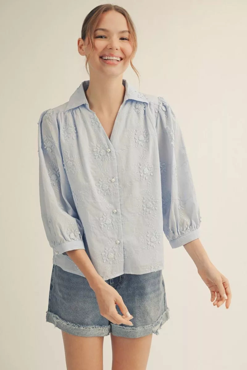 Button Down 3/4 Sleeves Floral Embroidered Top